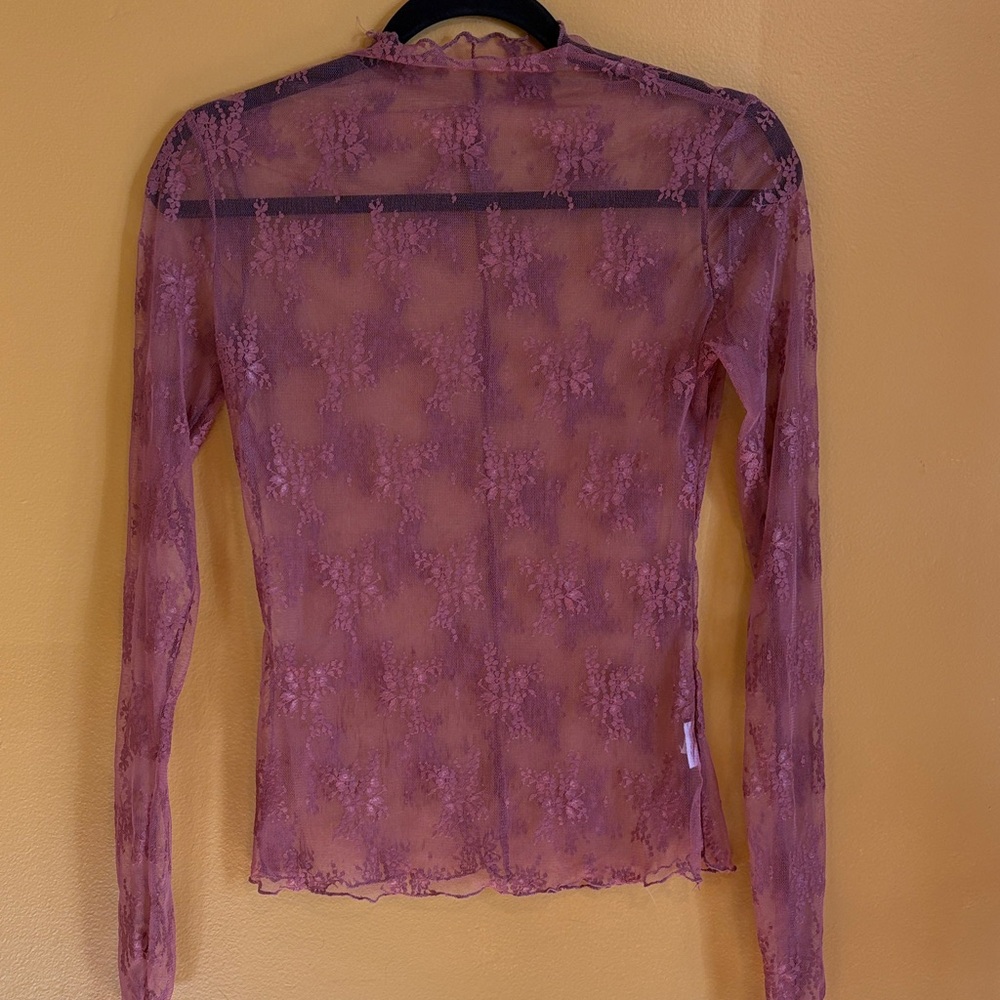 Sheer Floral Lace Long Sleeve Top - Mauve Pink